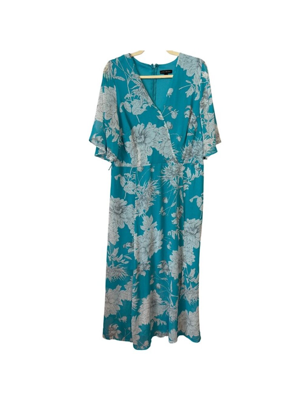Lane Bryant Womens Floral Maxi Dress Turquoise White Size 14 Short Sleeves VNeck
